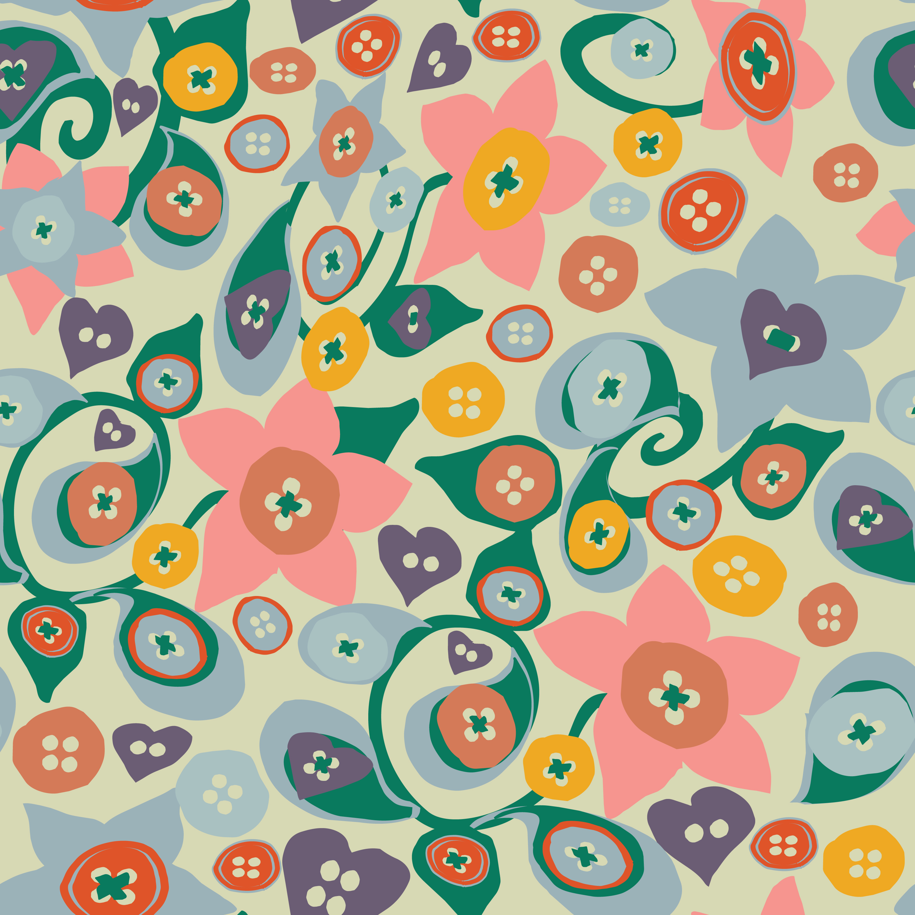 Floral Buttons, Pink and Blue